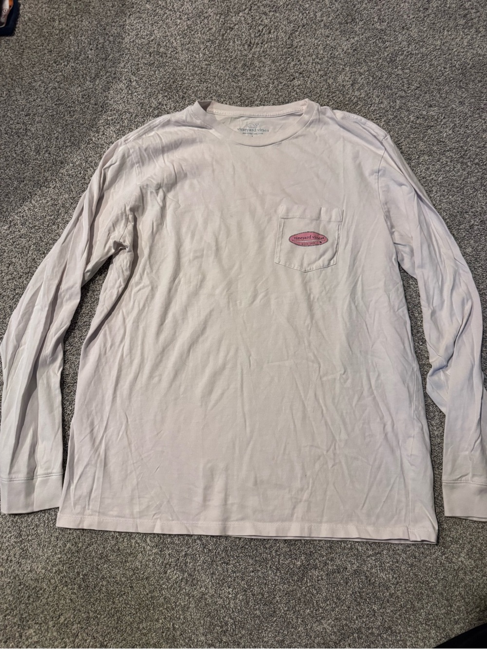 Vineyard Vines White Long-Sleeve Pocket Tee with Pink Logo Patch
